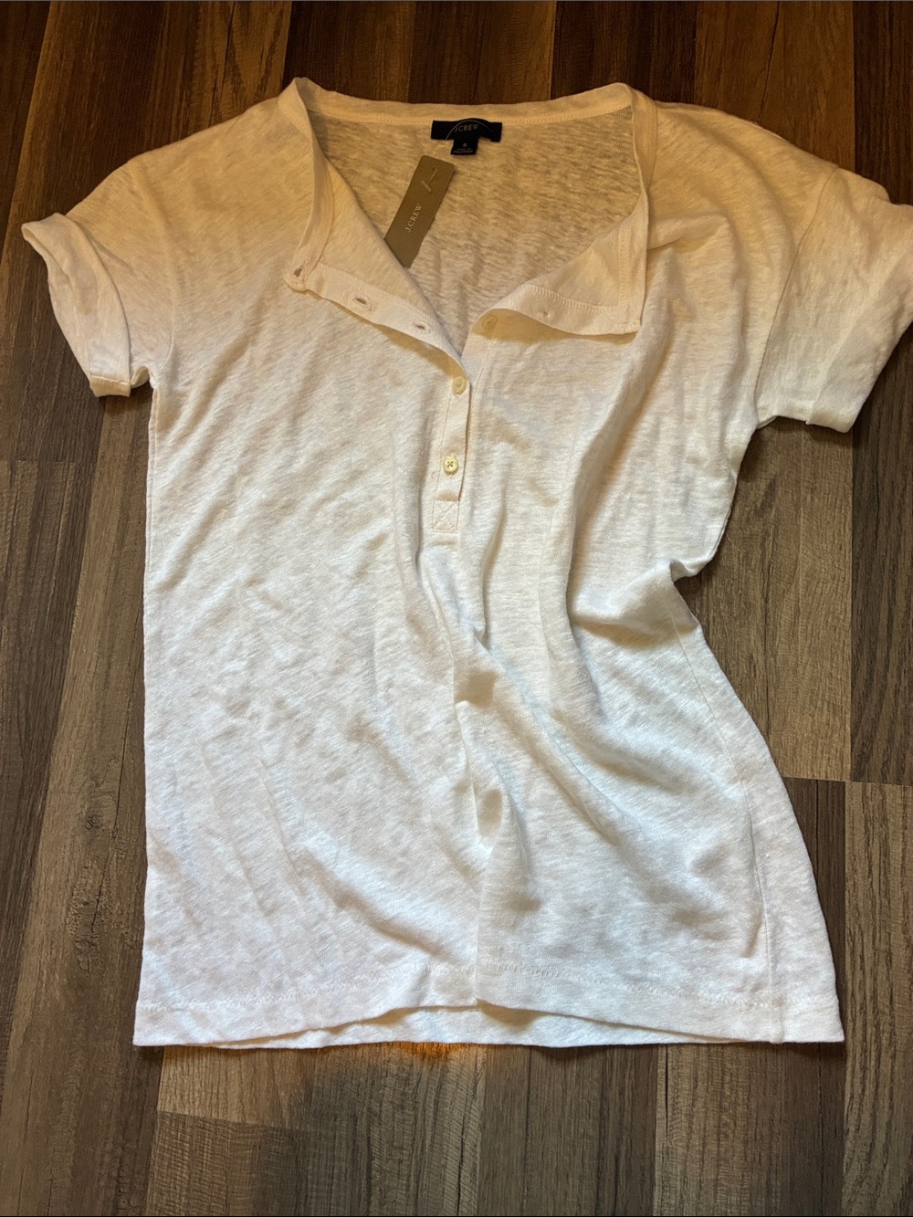 J. Crew Linen Short Sleeve White Knit Henley  Top W/Cuffed Sleeves-NWT- Size S